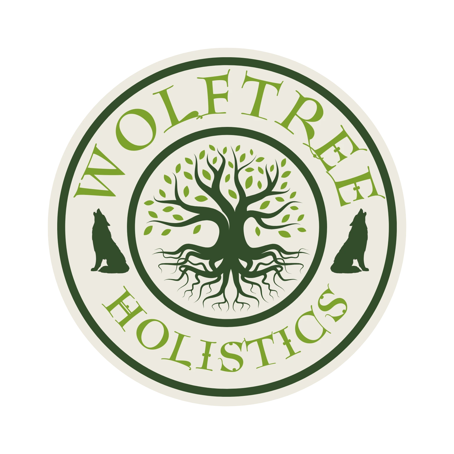Wolftree Holistics Logo. A Tree of life surrounded by the words Wolftree Holistics and two wolf silhouettes